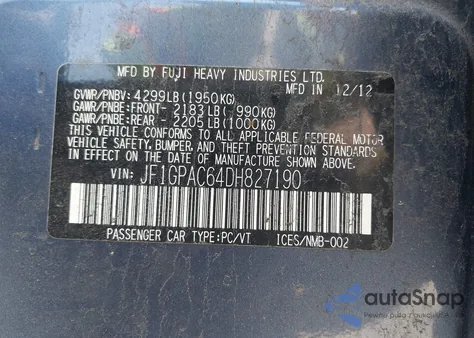 2013 Subaru Impreza 2.0I Premium from USA, damaged, VIN JF1GPAC64DH827190